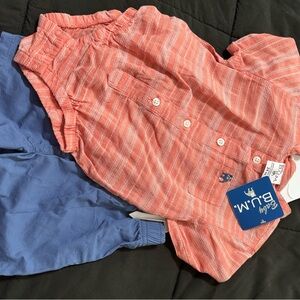 Coral Striped Button-Up Shirt and Blue Pants Set